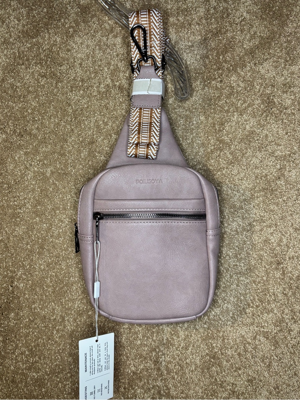 Poiugoya Mauve Crossbody Sling Bag with Patterned Strap